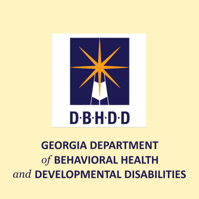 Budget Woes: Logo in gold and white on navy blue DBHDD GA Dept Behavioral Health and developmental Disabilities.