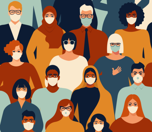 Georgia teachers eager for eligibility in the vaccination rollout Teachers Wait for Vaccine: Illustration of four rows of people of multiple ethnicities facing forward all wearing face masks in brown, bue and gold tops.