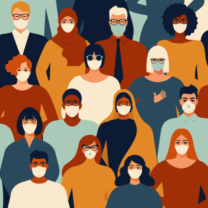 Teachers Wait for Vaccine: Illustration of four rows of people of multiple ethnicities facing forward all wearing face masks in brown, bue and gold tops.