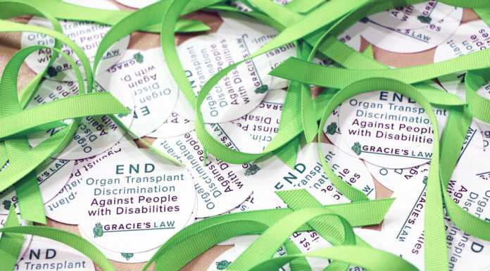 Gracie’s Law could stop discrimination in organ transplant process Gracie's Law: Lime green ribbons curled and scattered atop buttons that read "End organ transplant discrimination against people with disabilities. Gracie's Law"