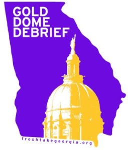 Logo_Gold Dome Debrief_gold GA capitol dome on purple map of GA