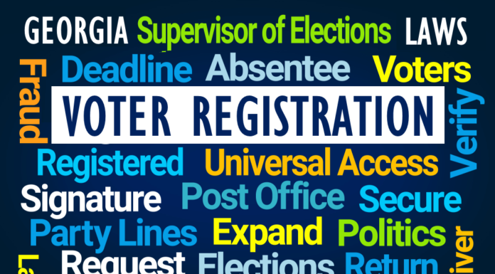 The Right to Visit Act, Georgia’s education budget and proposed voter registration laws PODCAST Georgia voter registration: Word cloud with bright colors on navy