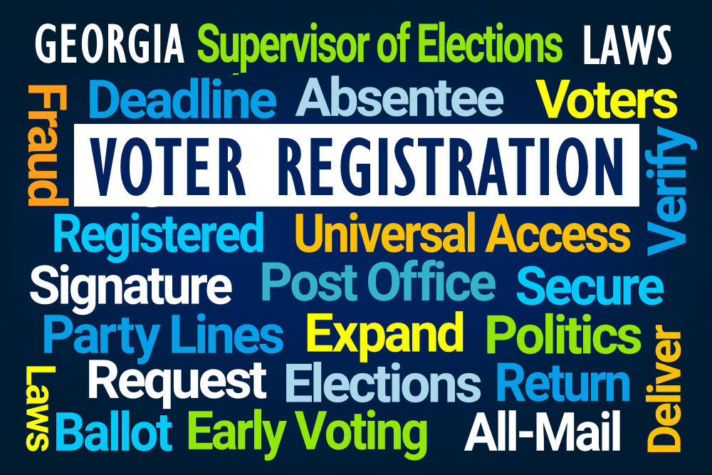 PODCAST Georgia voter registration: Word cloud with bright colors on navy