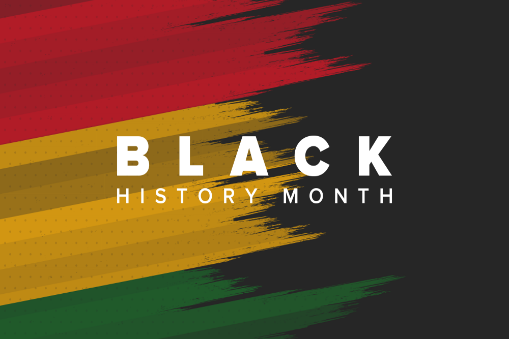 PODCAST Black History Month: Three brustrokes of red, yellow & green on blcak background with white text "Black History Month"
