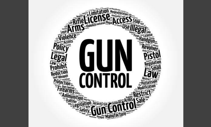 Gun licensing: Wordcloud circle with GUN CONTROL in center and related word forming the circle in black text on gray