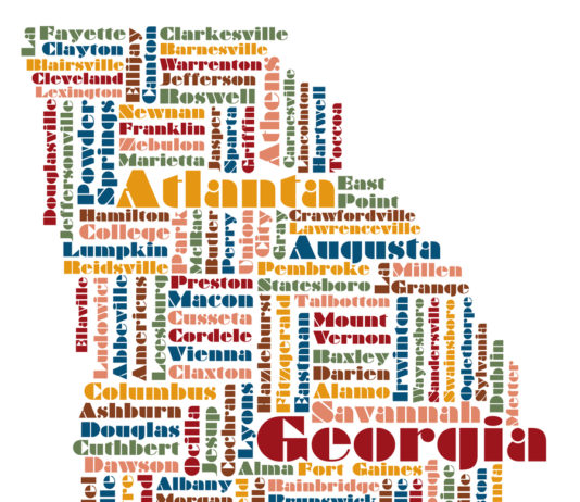 Gov. Kemp signs modest state income tax cut into law Georgia map-shaped wordcloud containing city names in multiple colored text