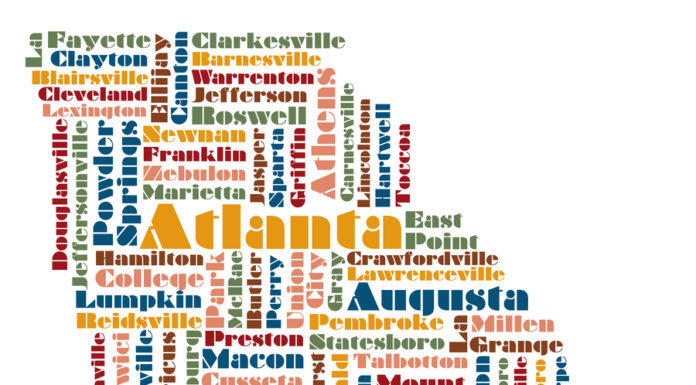 Gov. Kemp signs modest state income tax cut into law Georgia map-shaped wordcloud containing city names in multiple colored text
