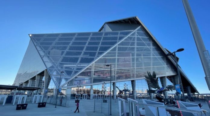 Mercedes-Benz Stadium set to open at full capacity by May 15 Exterior wall of Mercedes Benz Stadium in Atlanta Georgia