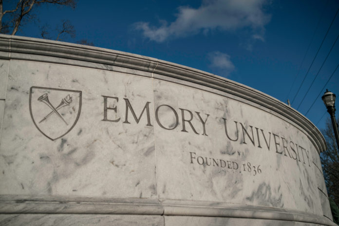 Emory University stone sign with school shield and founding date 1836