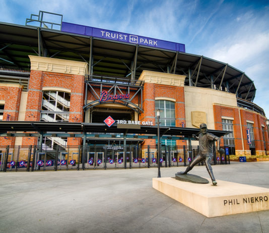 MLB moving All-Star Game in response to voting restrictions Truist Park exterior with statue of Phil Niekro in foreground