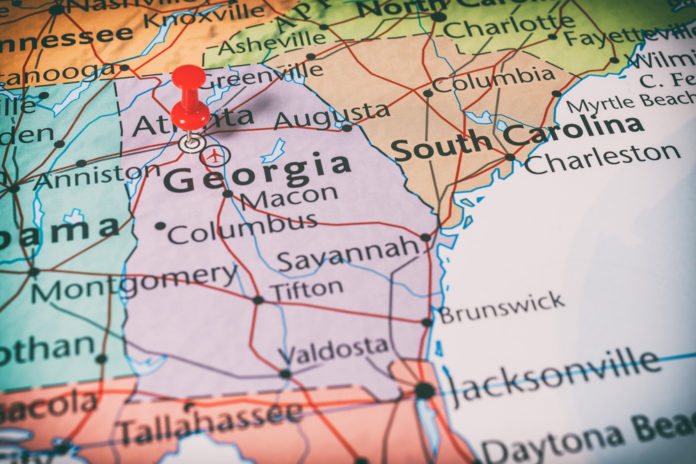 map of the state of Georgia with red pin in Atlanta