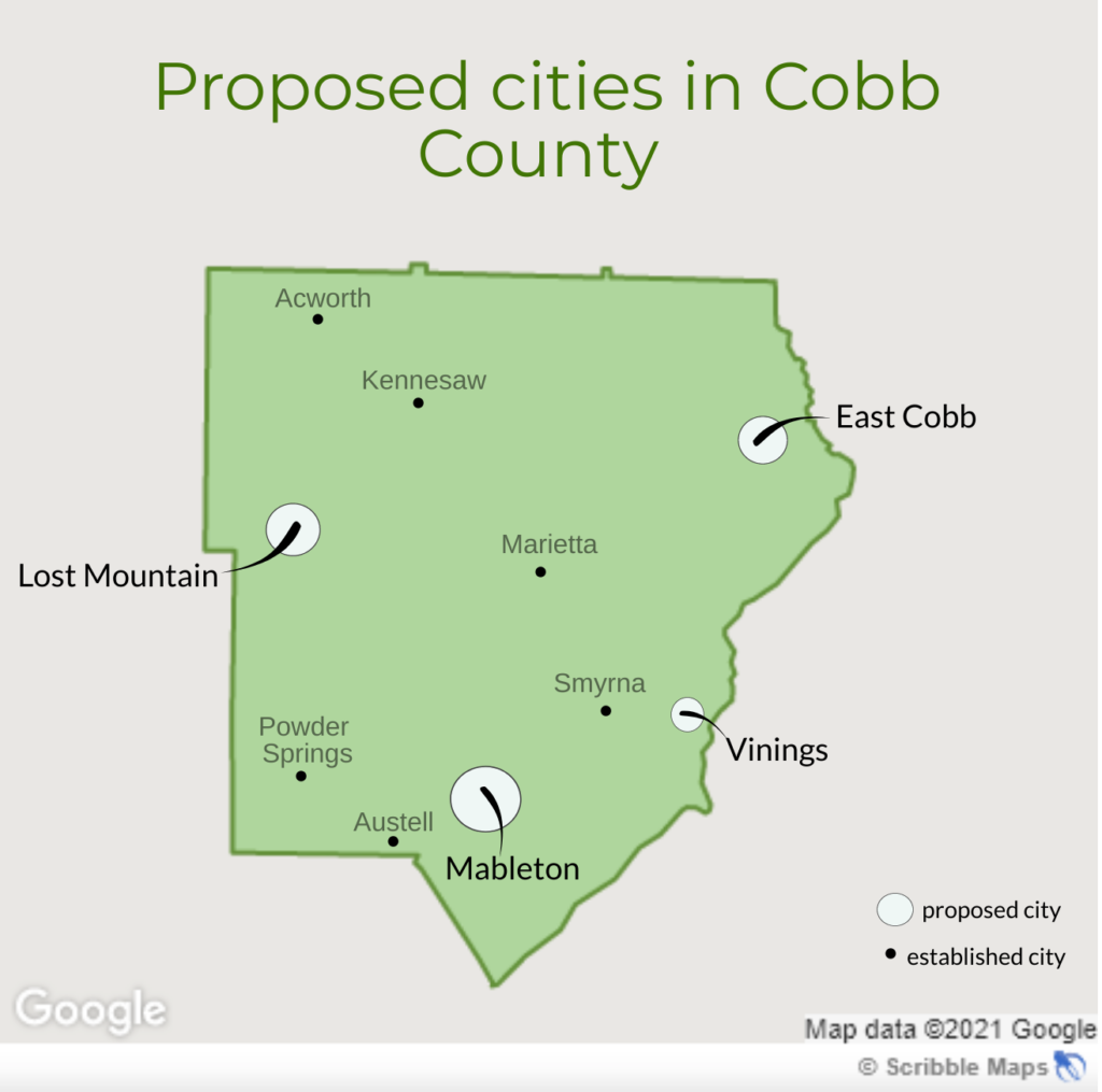 graphic of Cobb County, GA with new proposed cities