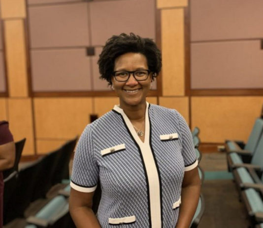 College Park mayor reflects on first term as city returns to in-person meetings College Park Mayor Motley Broom Black woman with black glasses in light blue and white top