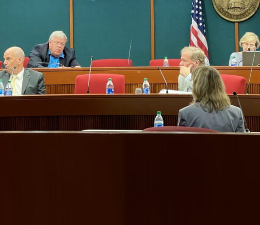 Proposed law promotes communication between health care providers and patients Woman speaking to group of Georgis legislators in tiered red seats with green walls, flags and state seal.