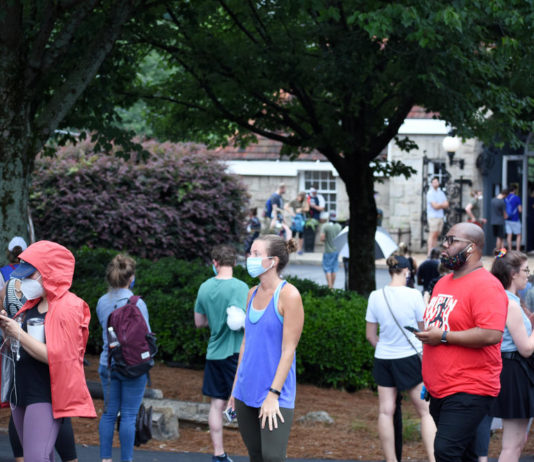 Georgia elections officials: Move primary back a month so we can finish redistricting process white lady in blue shirt with mask with blald black man with beard standing behind her without mask in a long line waiting to vote