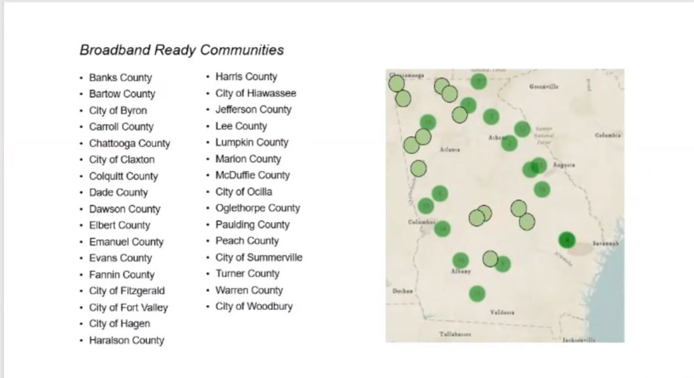map of georgia with broadband ready counties with green dots 