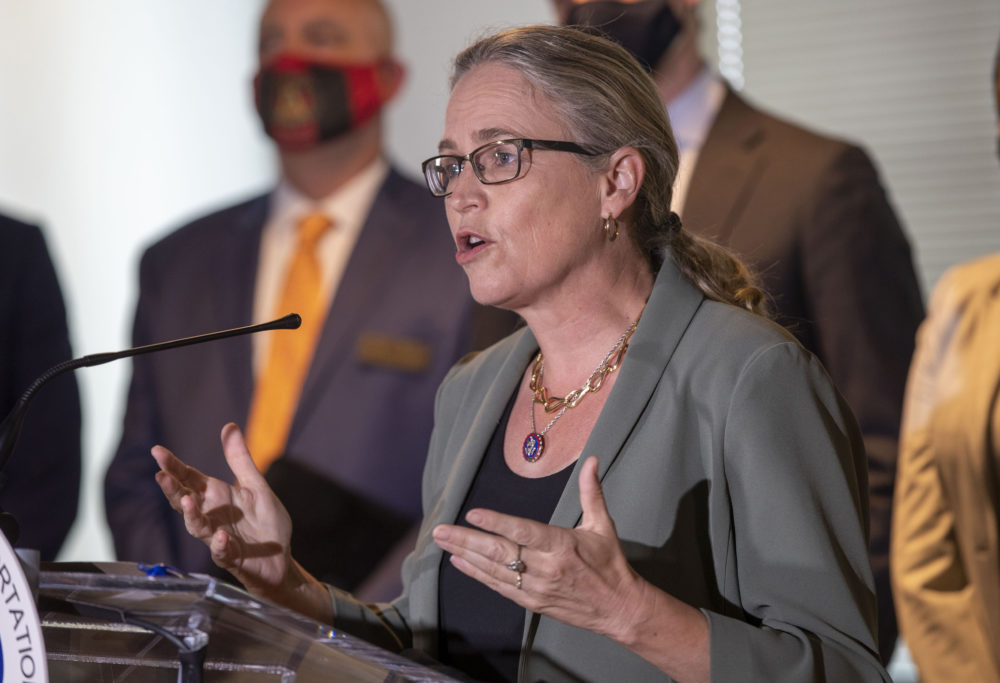 Georgia Redistricting: Woman with long grey hair pulled back and dark-framed glasses wearing grey jacket and black blouse stands at podium speaking into microphone and gesturing with hands