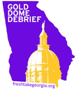 LOGO for NEWS Gold Dome Debrief news stories: The shape of Georgia state in bright purple with white,all cap letters "GOLD DOME DEBRIEF" above a gold silhouette of the Georgia Gold Dome Capitol building.