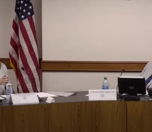 High university fees concern lawmakers Georgia university fees: Man with grey hair in gray suit looking at lady in gray blazer with brown hair at a large brown desk with American flag in the background