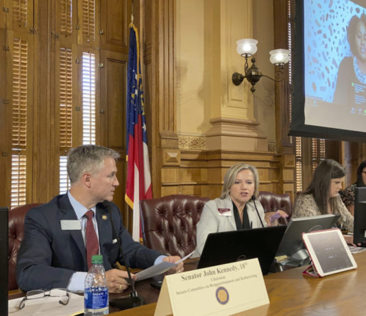 Georgia state Senate map debate focuses on voting rights GA Senate redistricting debate: 3 women and 1 man in business attire sit behind a long wood table with laptops and name placards in front of an ornate gold wall, American and Georgia state flags and a large TV monitor with a woman in business suit onscreen.