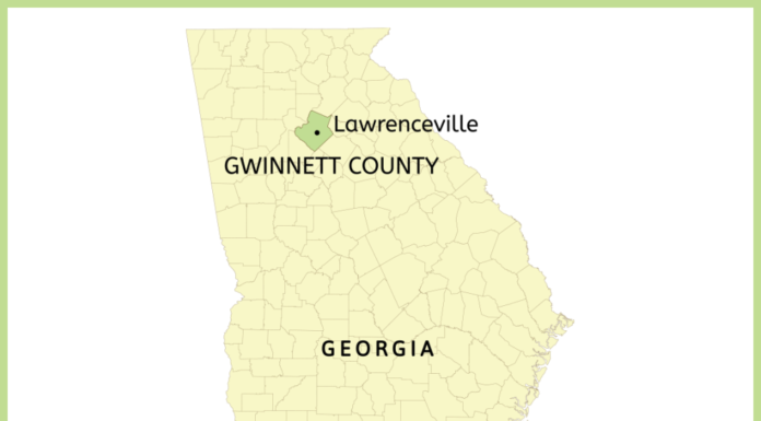 GOP bills seek changes in Georgia’s second-largest county Gwinnett County highlighted in green located on a yellow map of Georgia.