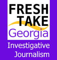 FTG logo black and purple text on white with gold swash and workd Investigative Journalism.