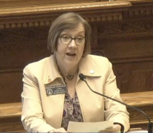 Veterans entering law enforcement could train with free tuition White woman with tan jacket and brown glasses, speaking into microphone