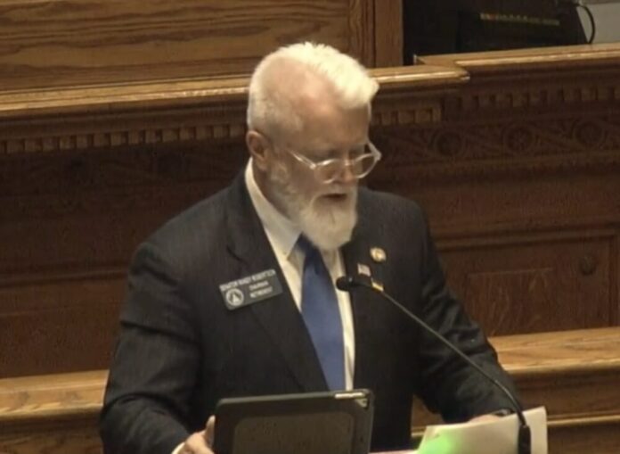 Georgia Sen. Randy Jackson speaking at the Senate session on Crossover Day for a bill to make all felonies bail restricted offenses in this March 15, 2022, screenshot. (Georgia General Assembly)