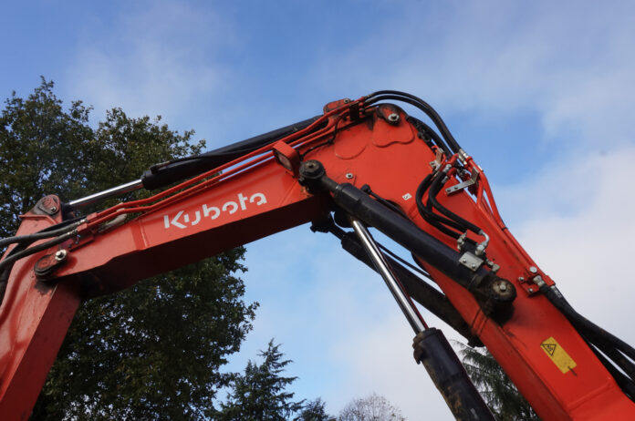 Georgia, Kubota, Factory: red crane arm with wires in front of green leafy tree with clouds