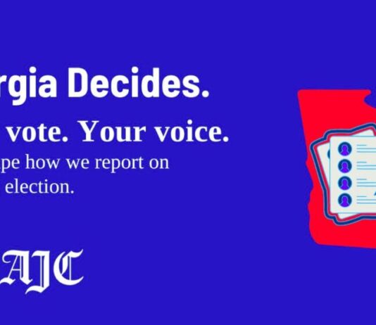 2024 Georgia Decides – Georgia voters on the issues A blue screen with a red silhouette of Georgia. White text reads "Georgia Decides. Your vote. Your voice. Help shape how we report on the 2024 election."