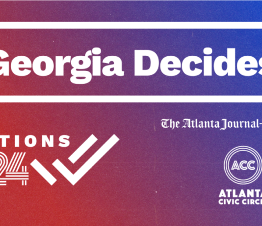 AJC, ACC launch voter resource ahead of 2024 elections Red, purple and blue ombré background with white text. In bold at the top reads, "Georgia Decides." Under, it reads "Elections 2024," and to the right is the Atlanta Journal-Constitution and Atlanta Civic Circle's logos.