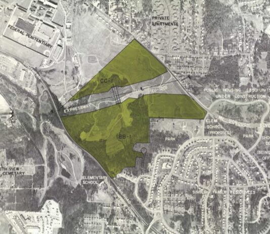 Atlanta tenants expose Millennia Housing’s dangerous trend of negligence A greyscale map of the Thomasville Heights neighborhood in southeast Atlanta from 1968. A region of land is highlighted in dark green. The land parcel is empty.
