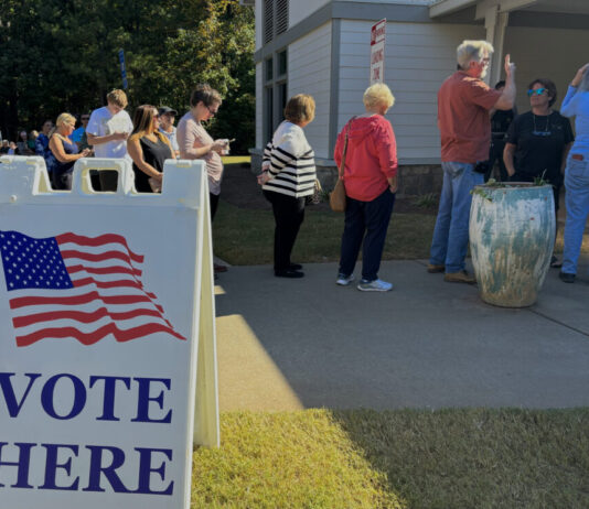 Cobb County voters reflect a statewide trend of changing demographics In the foreground, a white standing sign features an American flag and large blue text reading, "VOTE HERE." Behind the sign, a line of over a dozen people stand on a sidewalk, waiting for their turn to vote.