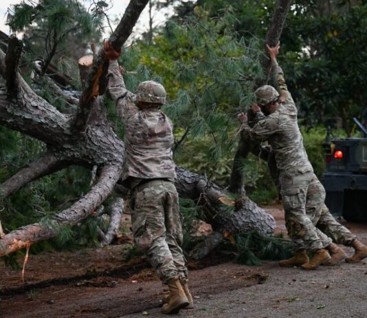 Governor Brian Kemp seeks more aid for Hurricane Helene recovery Three Georgia Army National Guards clear a downed tree from the road.