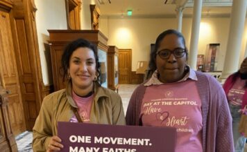Interfaith movement brings high school students to Georgia Capitol Interfaith Children’s Movement staff Rozina Gilani (left) and Cassandra Henderson (Gabby Miller/Fresh Take Georgia).