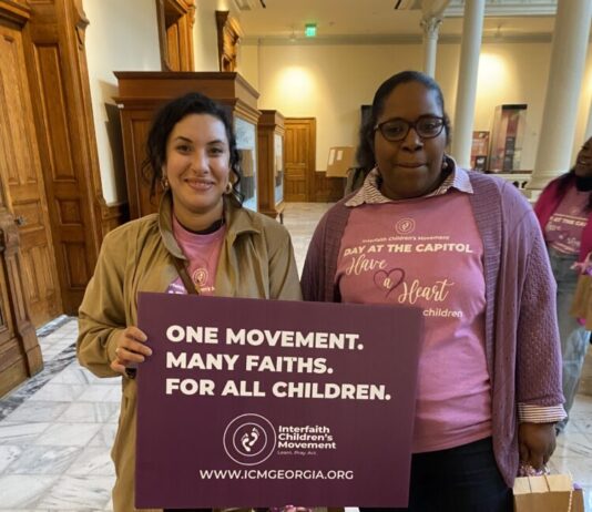 Interfaith movement brings high school students to Georgia Capitol Interfaith Children’s Movement staff Rozina Gilani (left) and Cassandra Henderson (Gabby Miller/Fresh Take Georgia).