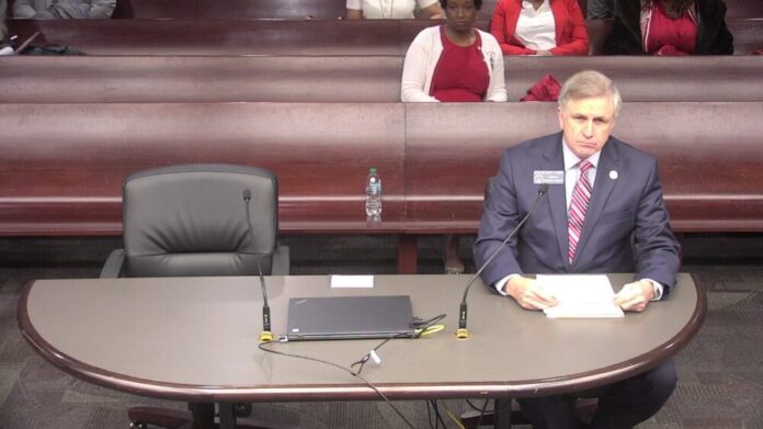 GA Senator Marty Harbin, R-Tyron, presents Senate Bill 120 to the Senate Higher Education Committee (Courtesy of Georgia General Assembly).