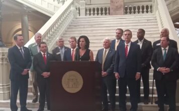 Gov. Kemp appoints new GA Labor Commissioner Barbara Rivera Holmes speaking at the Georgia Capitol (Zaire Breedlove/Fresh Take Georgia).