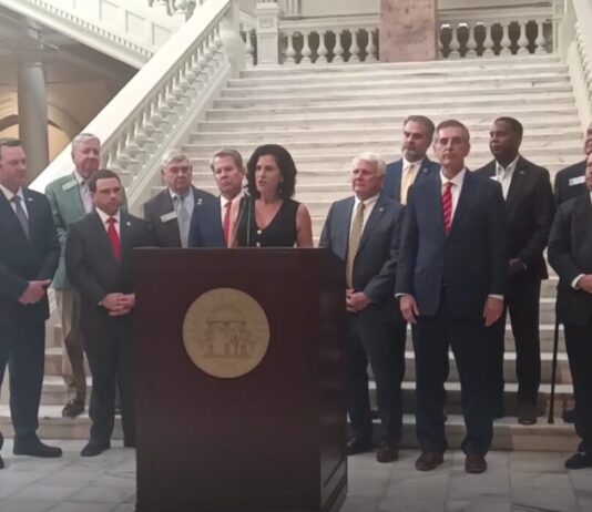 Gov. Kemp appoints new GA Labor Commissioner Barbara Rivera Holmes speaking at the Georgia Capitol (Zaire Breedlove/Fresh Take Georgia).