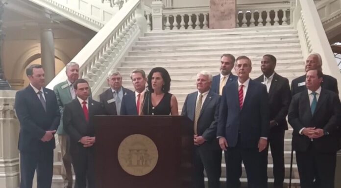 Gov. Kemp appoints new GA Labor Commissioner Barbara Rivera Holmes speaking at the Georgia Capitol (Zaire Breedlove/Fresh Take Georgia).