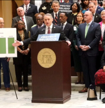 Supporters rally for Religious Freedom Restoration Act at Georgia State Capitol Sen. Ed Setzler, R-Acworth, speaking about religious freedoms and the importance of Senate Bill 36 to 'balance out' other First Amendment Rights during a press conference at the Georgia State Capitol (Zaire Breedlove/Fresh Take Georgia).