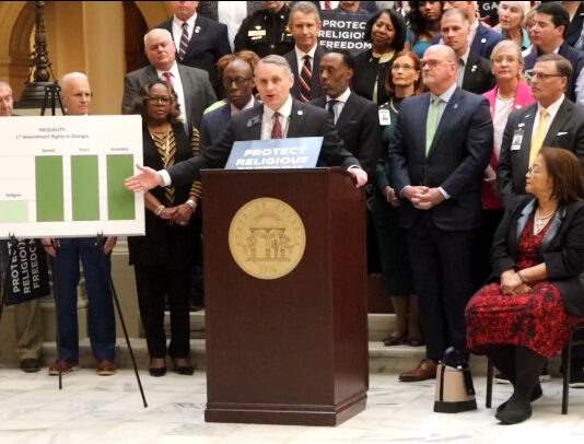 Supporters rally for Religious Freedom Restoration Act at Georgia State Capitol Sen. Ed Setzler, R-Acworth, speaking about religious freedoms and the importance of Senate Bill 36 to 'balance out' other First Amendment Rights during a press conference at the Georgia State Capitol (Zaire Breedlove/Fresh Take Georgia).