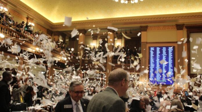Governor Kemp to decide which bills to sign into law Georgia House of Representatives celebrating the end of Sine Die by throwing makeshift confetti into the air. (Zaire Breedlove/Fresh Take Georgia)