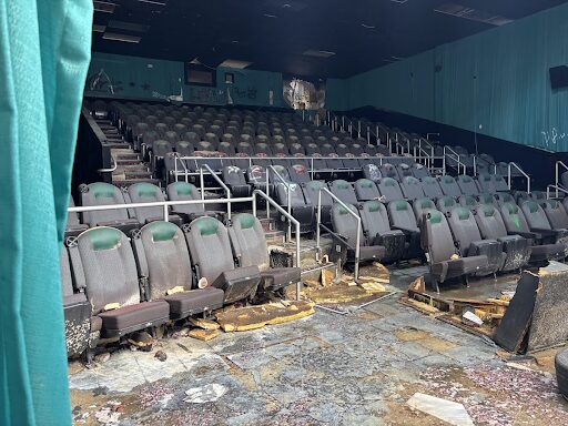 A before-and-after of one of the theaters on April 1, 2025. The theater is bright due to the collapsed roof that allows light to shine on the graffiti-covered seats.(Erin Cater/Fresh Take Georgia)