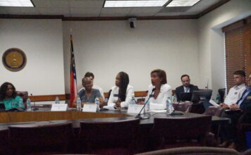 GA Senate Committee on Urban Affairs discusses reproductive rights GA Senate Committee on Urban Affairs hears testimony from constituents. From left to right, Chair Sen. Donzella James, D-Atlanta, Sen. Kenya Wicks, D-Fayette, Sen. Nikki Merritt, D-Grayson, and Sen. Sonya Halpern, D-Atlanta. (Juliane Balog/Fresh Take Georgia)