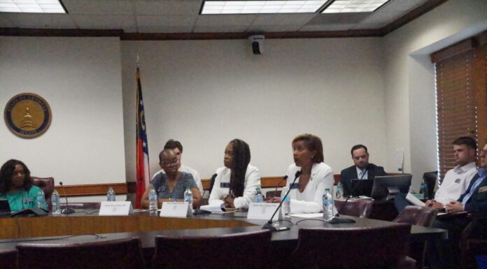 GA Senate Committee on Urban Affairs discusses reproductive rights GA Senate Committee on Urban Affairs hears testimony from constituents. From left to right, Chair Sen. Donzella James, D-Atlanta, Sen. Kenya Wicks, D-Fayette, Sen. Nikki Merritt, D-Grayson, and Sen. Sonya Halpern, D-Atlanta. (Juliane Balog/Fresh Take Georgia)