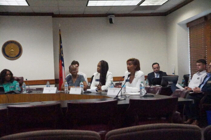NEWS_2025.06.26_UrbanAffairs GA Senate Committee on Urban Affairs hears testimony from constituents. From left to right, Chair Sen. Donzella James, D-Atlanta, Sen. Kenya Wicks, D-Fayette, Sen. Nikki Merritt, D-Grayson, and Sen. Sonya Halpern, D-Atlanta. (Juliane Balog/Fresh Take Georgia)