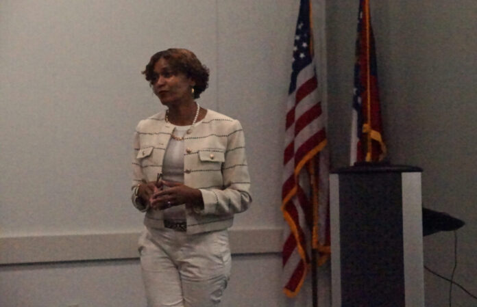Cobb County solicitor general Makia Metzger speaks to constituents on Saturday, June 28 at Switzer Library in Marietta, Georgia. (Juliane Balog/Fresh Take Georgia)